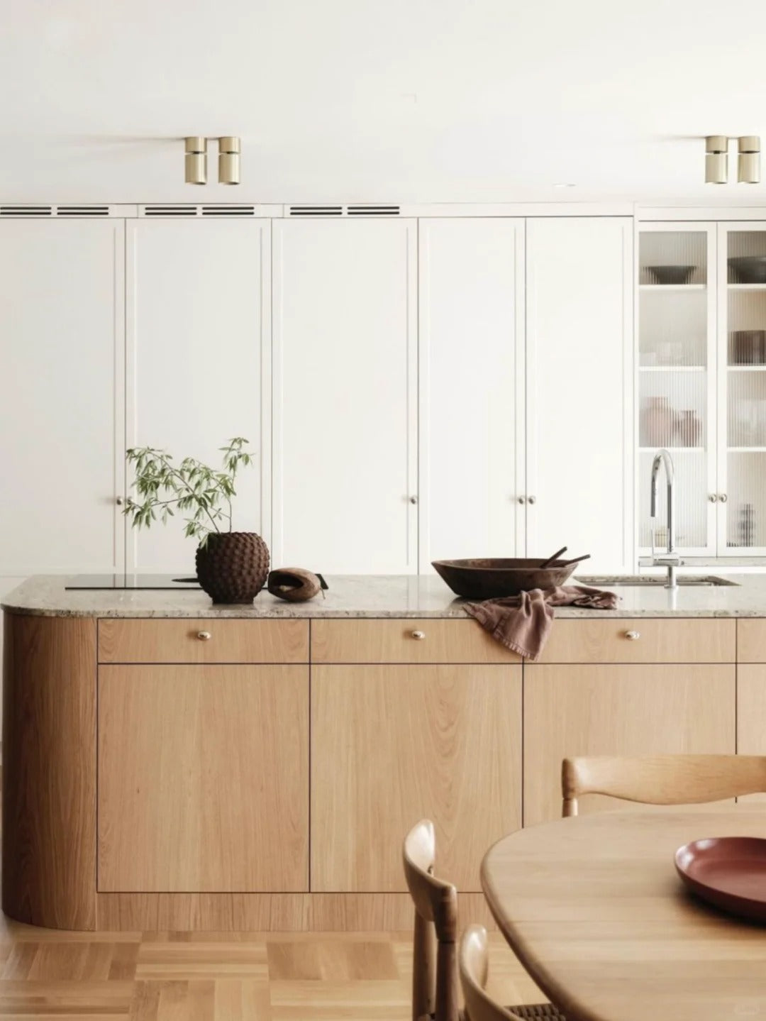 Modern Minimalist Oak Wood Cabinet with Glass Shelves