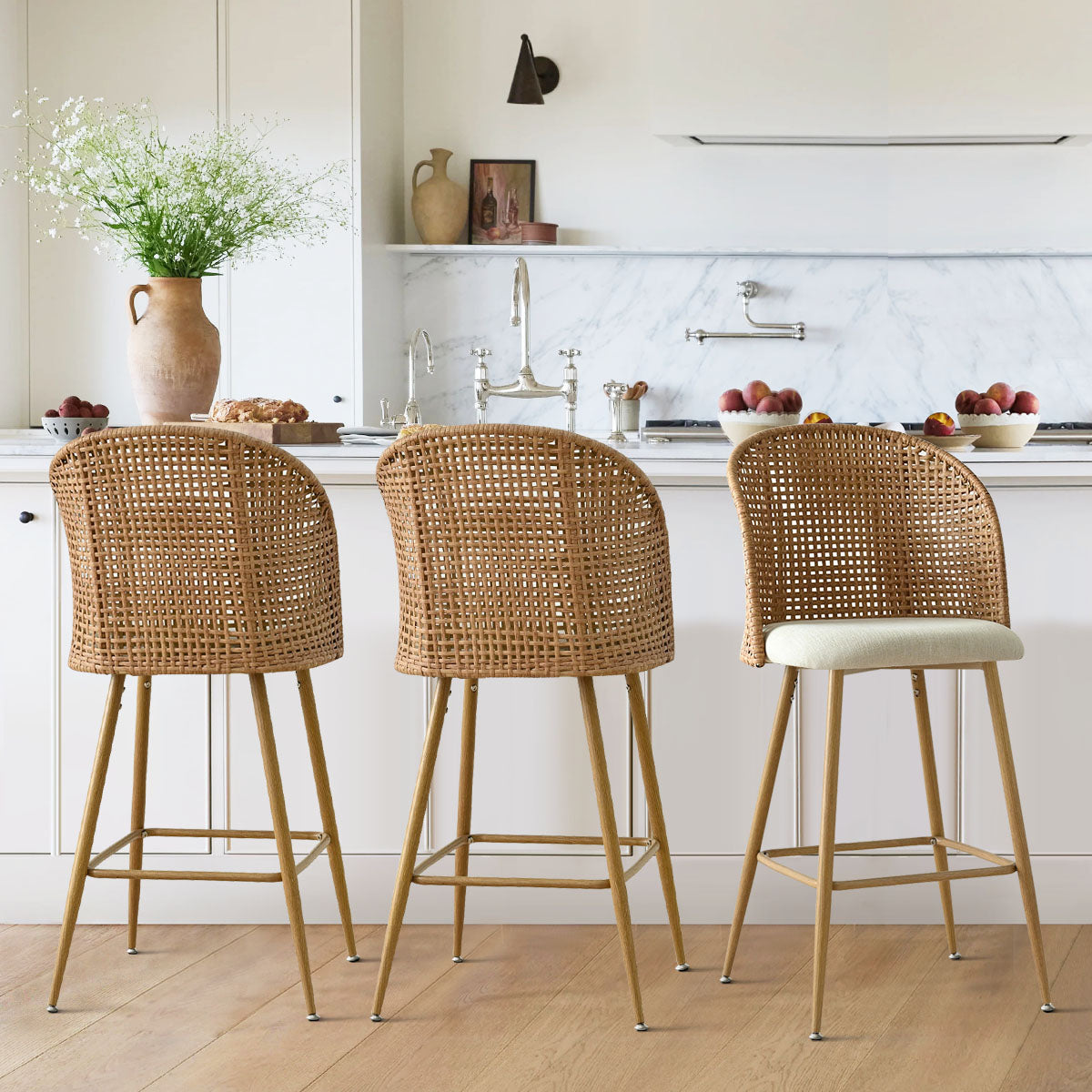 Modern Rattan Linen Upholstered Bar Stool Set of 2-Tanpinhause