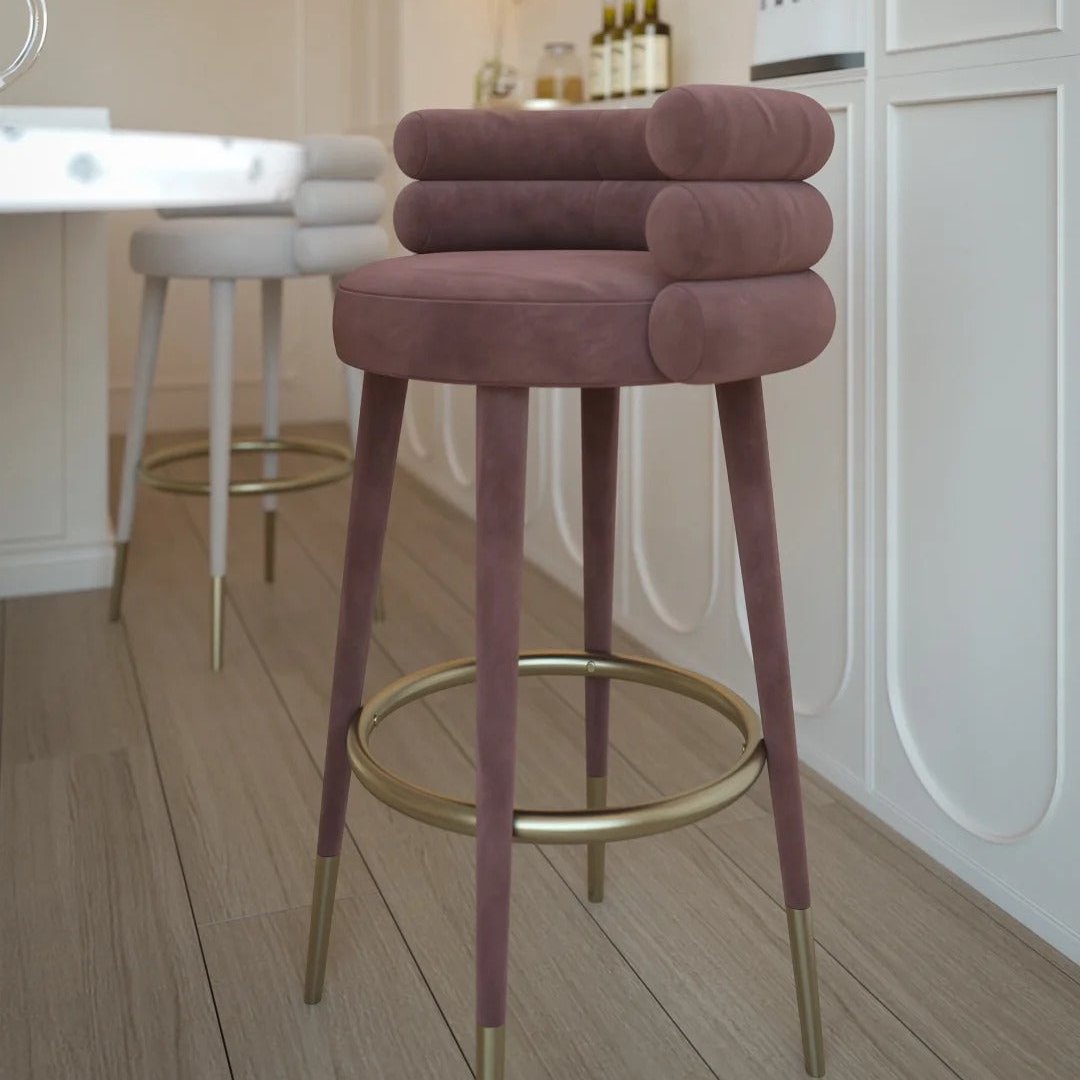 Velvet Bar Stool with Gold Accents and Unique Backrest Design