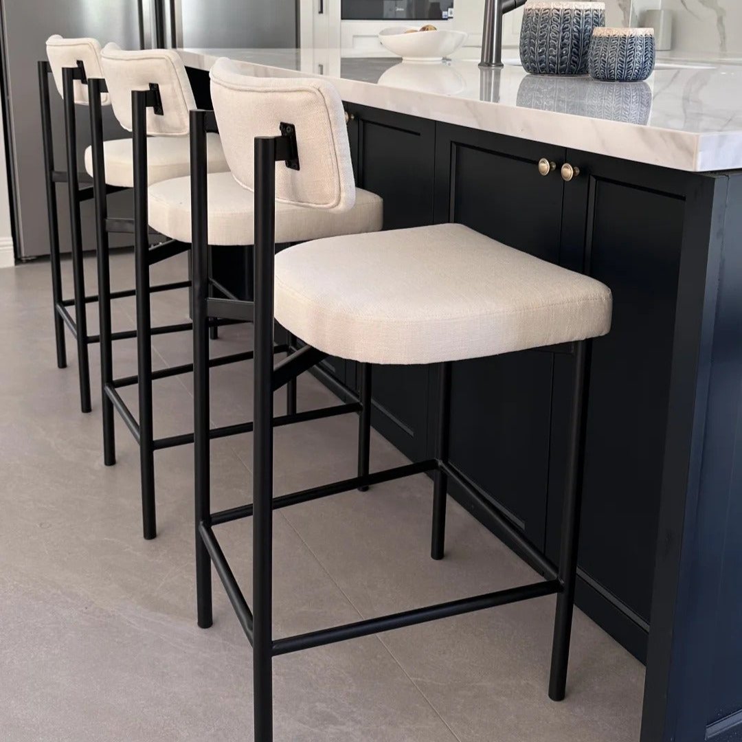 Modern Bar Stool with Black Metal Frame and Beige Cushioning