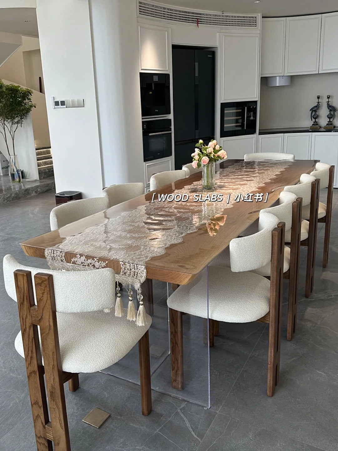 Elegant Dining Set with Wooden Table and Cream Upholstered Chairs