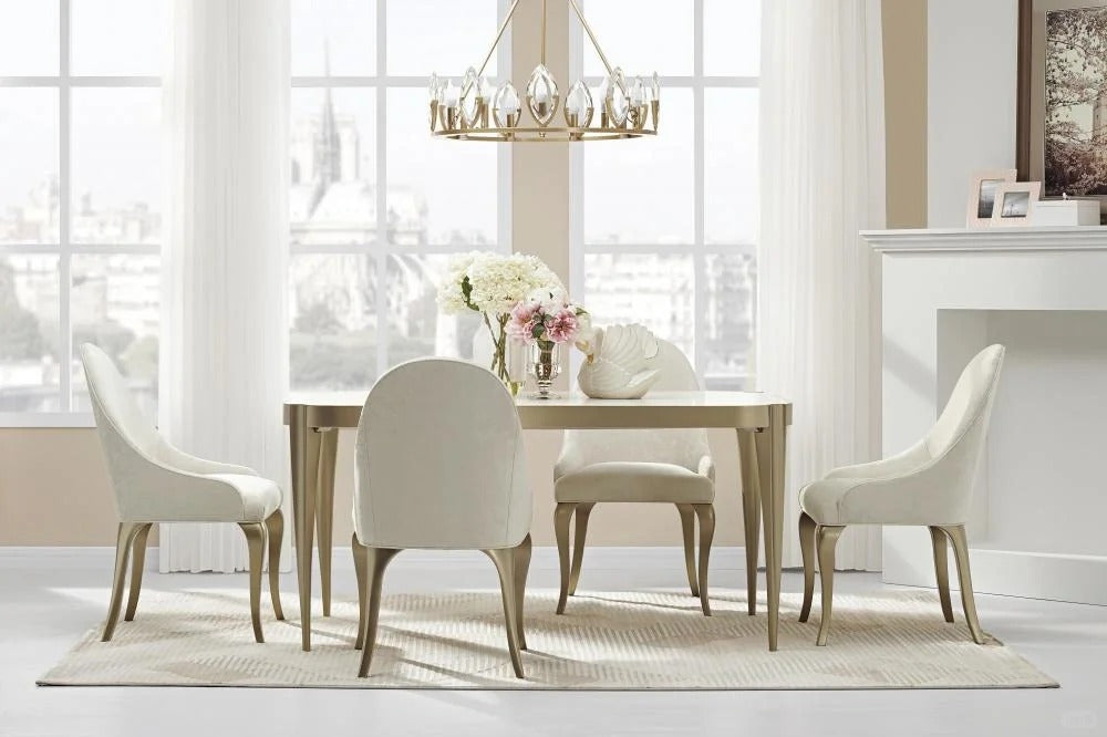 Elegant Dining Set with Gold Accents and White Upholstered Chairs