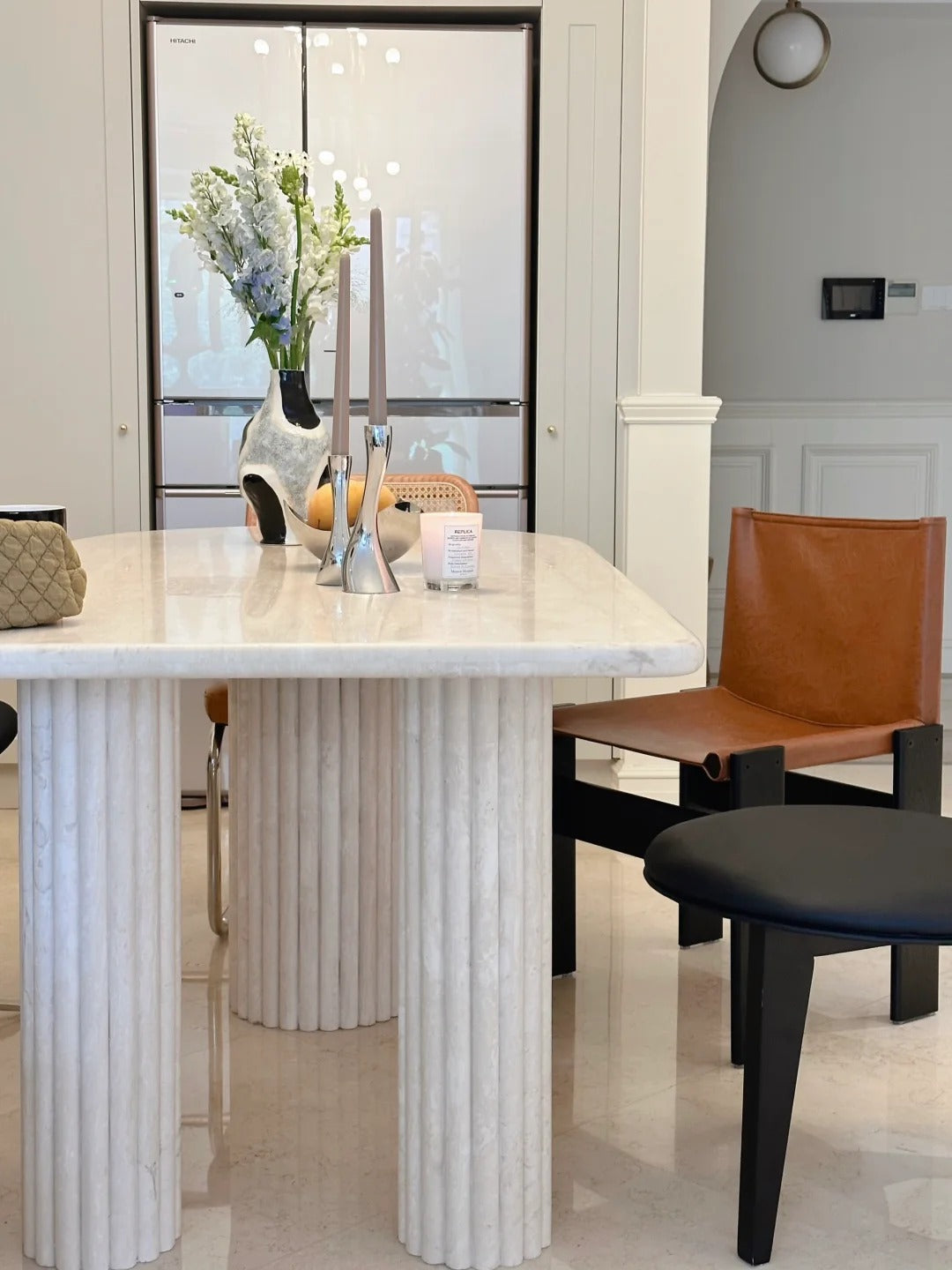 Contemporary Glass and Metal Dining Table with Geometric Base