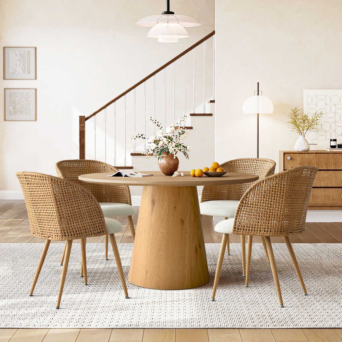 Armless Linen Upholstered Cane Dining Chair Set Of 2